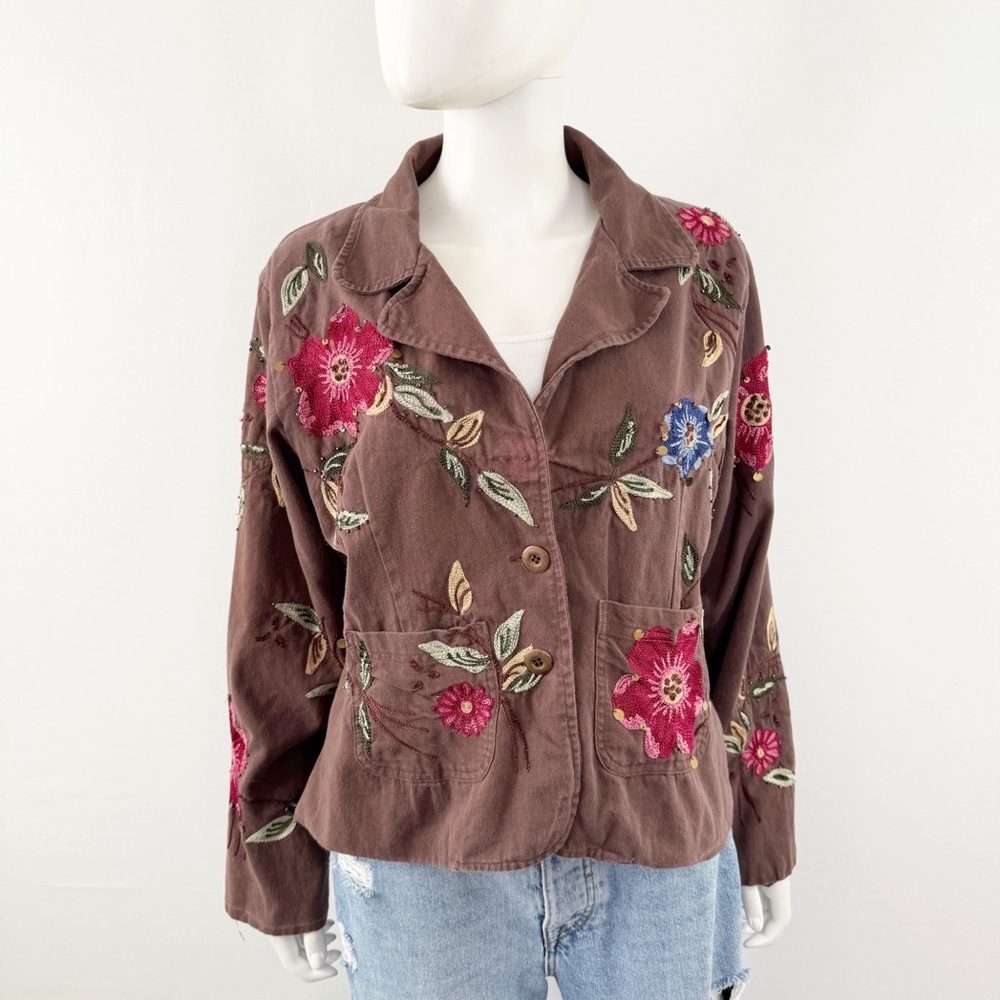 Passports Brown Beaded Jacket Size XL Floral Embroidery V-Neck Boho Artsy Casual - Picture 7 of 12